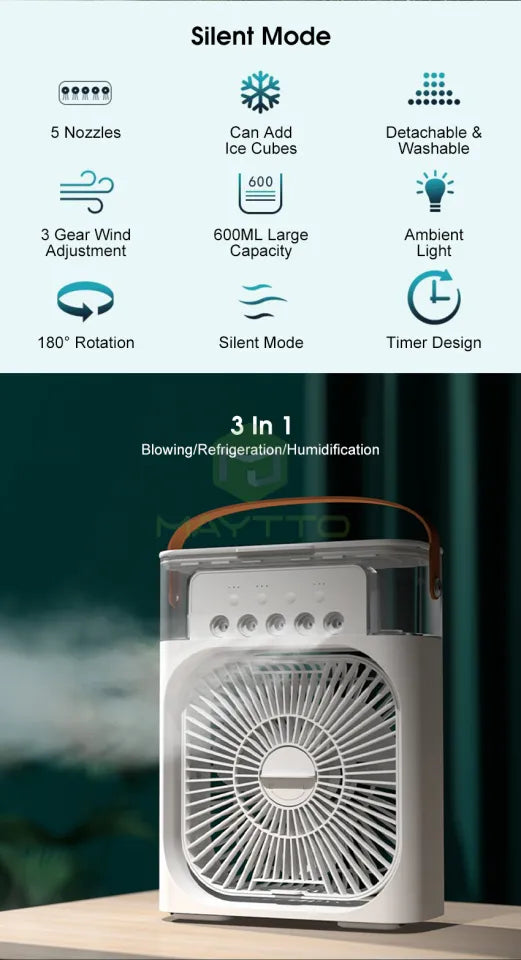 Multi-Function Portable Desktop Air Cooler Fan – High-Velocity Cooling with LED Lighting, Adjustable Speed, and Built-in Humidifier Mist