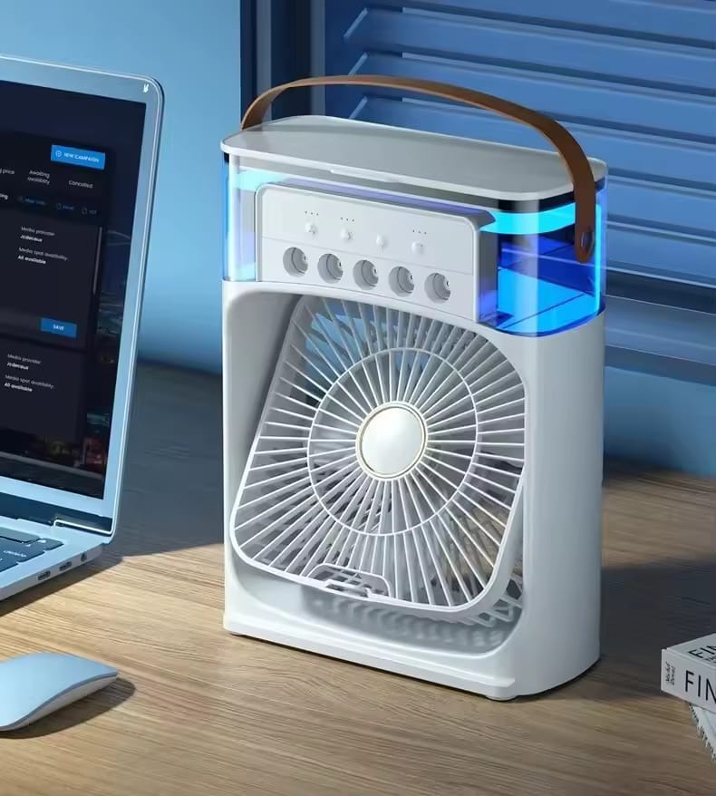 Multi-Function Portable Desktop Air Cooler Fan – High-Velocity Cooling with LED Lighting, Adjustable Speed, and Built-in Humidifier Mist