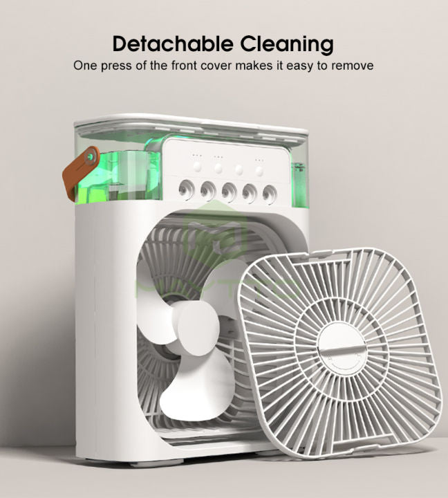 Multi-Function Portable Desktop Air Cooler Fan – High-Velocity Cooling with LED Lighting, Adjustable Speed, and Built-in Humidifier Mist